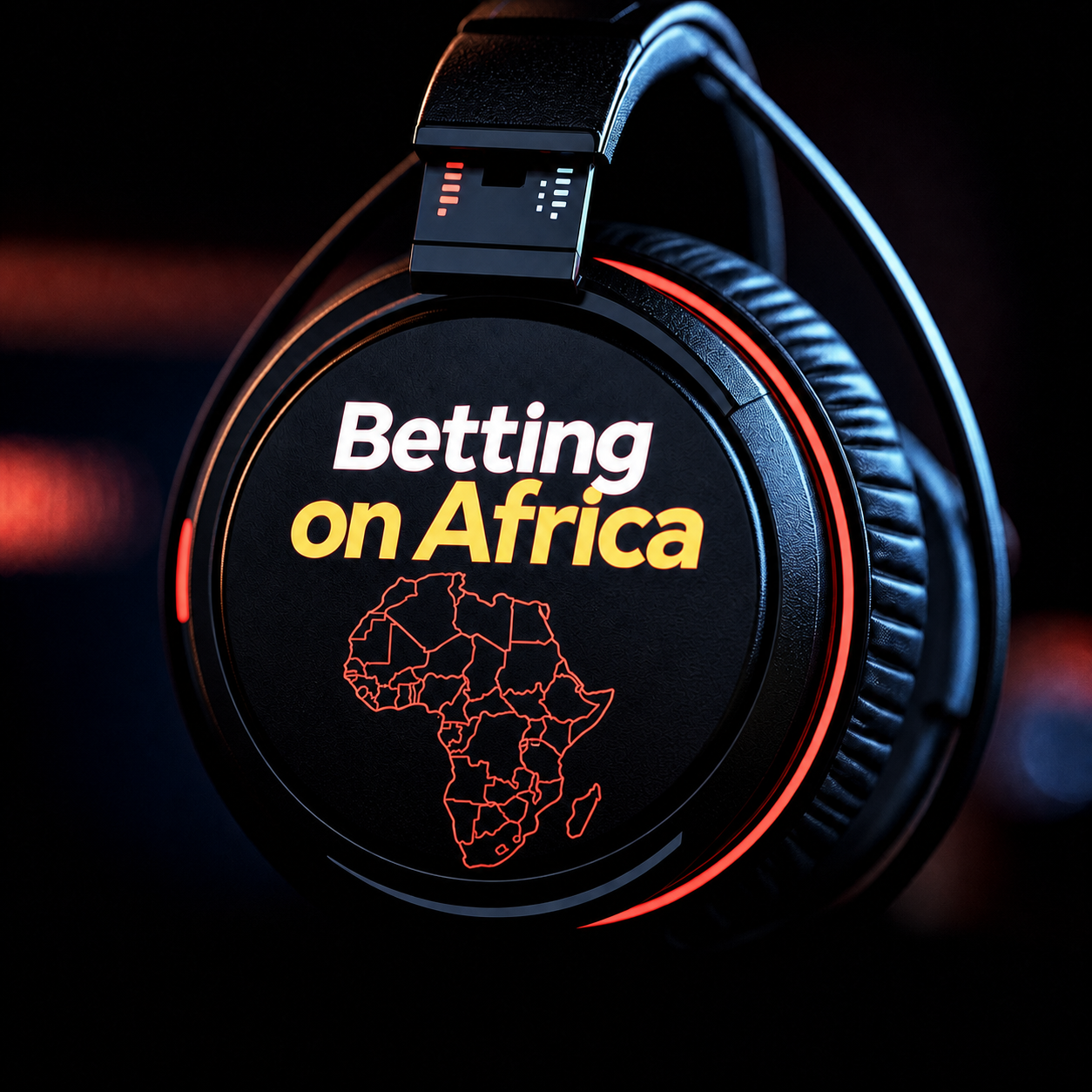 Black studio headphones with the Betting on Africa wordmark and a coral map of the African continent